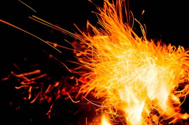 Siyah arka planda kıvılcımlar ve alevler hareket ediyor. Doku ve patlama