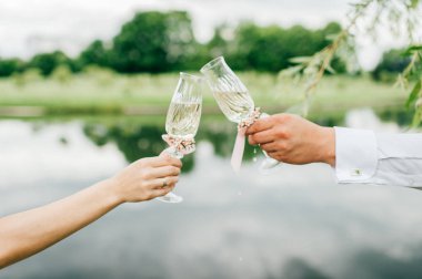 Erkek ve kadın tatil kadehlerin şampanya ile holding eller. Gelin ve damat evlilik kutlama. Karısı ve bardakları tokuşturup kocası. Yeni evli. Çene-çene. Düğün günü yaz park doğada
