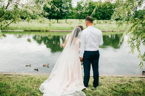 Novia con novio de pie más allá del río y mirando hacia adelante. Fiesta del día de la boda en la naturaleza. Las manos abrazándose. Acabo de casarme. Esposa en vestido y marido en traje con copas de champán . —  Fotos de Stock