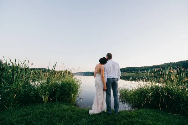 Feliz novia y novio después de la ceremonia de boda de pie en la orilla del lago por la noche al atardecer en la naturaleza. Una joven pareja casada tomando las manos y mirando al horizonte. Vista romántica. Celebración del matrimonio . —  Fotos de Stock