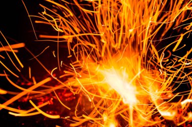 Siyah arka planda kıvılcımlar ve alevler hareket ediyor. Doku ve patlama