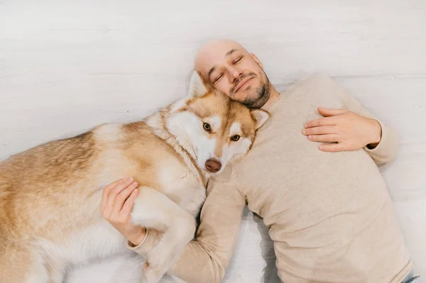 Ein erwachsener Mann mit Glatze und Husky-Welpen schläft auf dem Boden. Besitzer mit Haustier zusammen zu Hause. Freundliche und gefühlvolle Gefühle. Schöner Hund, der mit jungen Rüden ruht. Kerl mit geliebtem Haustier umarmt sich. — Stockfoto