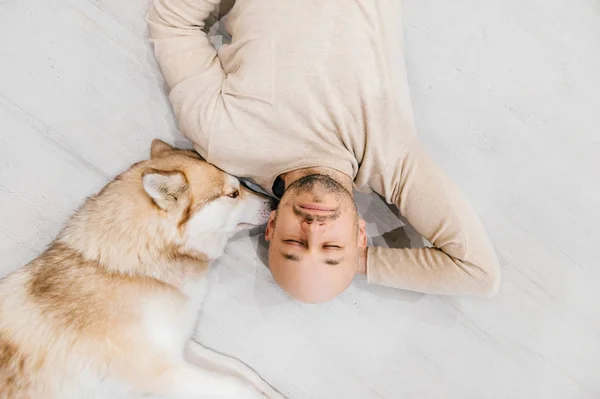 Ein erwachsener Mann mit Glatze und Husky-Welpen schläft auf dem Boden. Besitzer mit Haustier zusammen zu Hause. Freundliche und gefühlvolle Gefühle. Schöner Hund, der mit jungen Rüden ruht. Kerl mit geliebtem Haustier umarmt sich. — Stockfoto