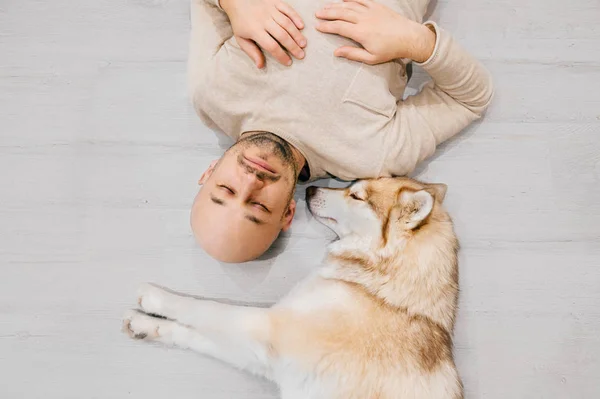 Ein erwachsener Mann mit Glatze und Husky-Welpen schläft auf dem Boden. Besitzer mit Haustier zusammen zu Hause. Freundliche und gefühlvolle Gefühle. Schöner Hund, der mit jungen Rüden ruht. Kerl mit geliebtem Haustier umarmt sich. — Stockfoto