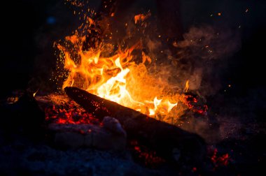 Ateş parkları, alev ve dumanla yanan ağaçlar. Siyah arka planda garip garip elementsel ateşli figürler. Kömür ve kül. Geceleri soyut şekiller. Doğada şenlik ateşi. Elementin gücü.