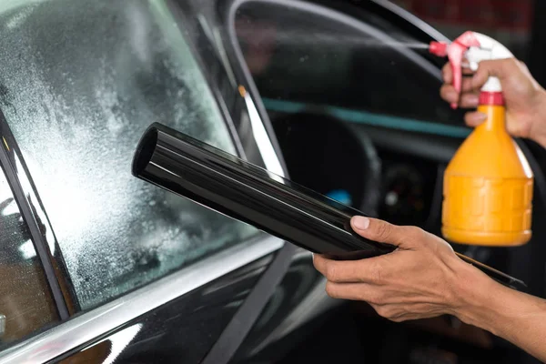 Car Window Tinting Series Spraying Water — Stock Photo, Image
