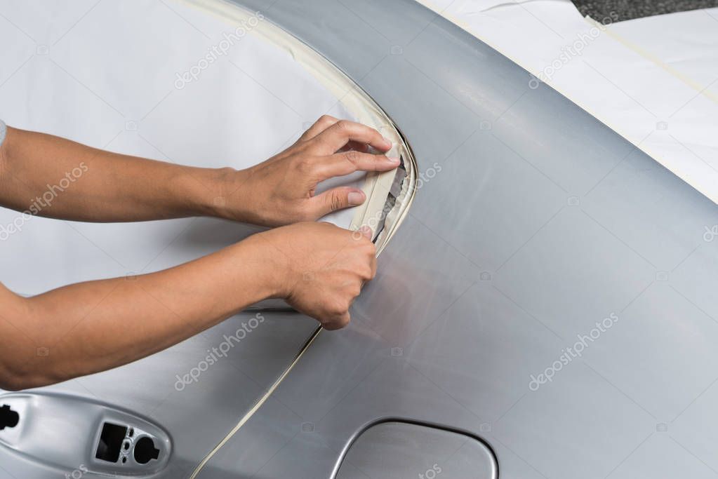 Auto body repair series Masking car before repaint — Stock Photo
