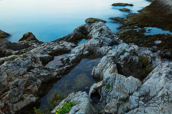 Βραχώδη ακτή της Αδριατικής θάλασσας στο λυκόφως — Φωτογραφία Αρχείου