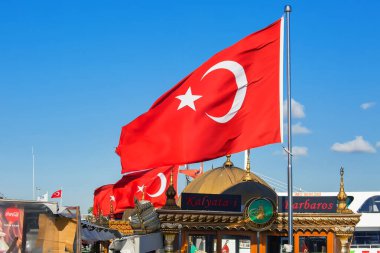 ISTANBUL, TURKEY - October 10th, 2019: Turkish flag in Eminonu pier
