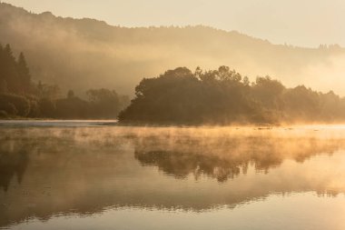 Sisli yaz manzarası, nehirdeki ada.