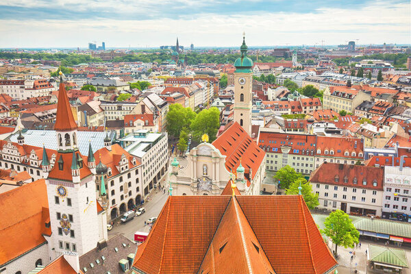 MUNICH, GERMANY - May 2nd, 2018: Aerial view to the central part of the city from the top of St. Peter's church