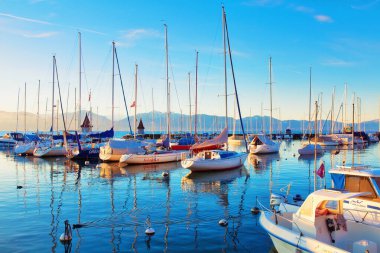 MORGES, SWITZERLAND - March 7th, 2018: Early morning in marina by Lake Geneva