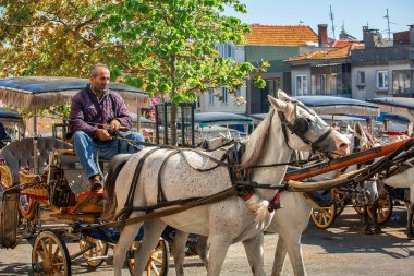 BUYUKADA, TURKEY - October 10th, 2019: Horse carriage ready to pick up tourists.  