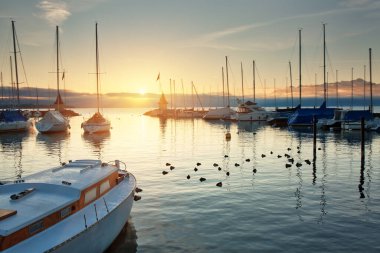 MORGES, SWITZERLAND - March 7th, 2018: Early morning in marina by Lake Geneva