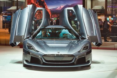 GENEVA, SWitzERLAND - 6 Mart 2018: Rimac C 2, Rimac Automobili sergi alanında 88. Cenevre Uluslararası Motor Fuarı Palexpo 'da