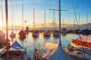 MORGES, SWITZERLAND - March 7th, 2018: Early morning in marina by Lake Geneva