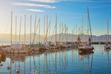 MORGES, SWITZERLAND - March 7th, 2018: Early morning in marina by Lake Geneva