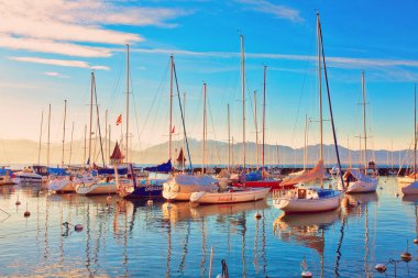 MORGES, SWITZERLAND - March 7th, 2018: Early morning in marina by Lake Geneva
