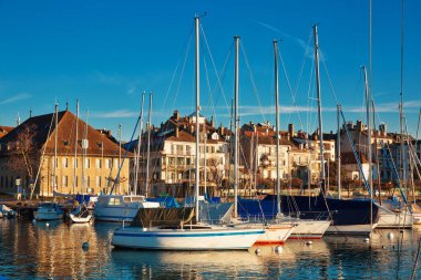 MORGES, SWITZERLAND - March 7th, 2018: Early morning in marina by Lake Geneva