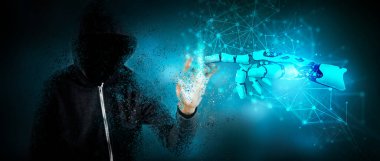 Hacker ve robot kol birbirine dokunur.