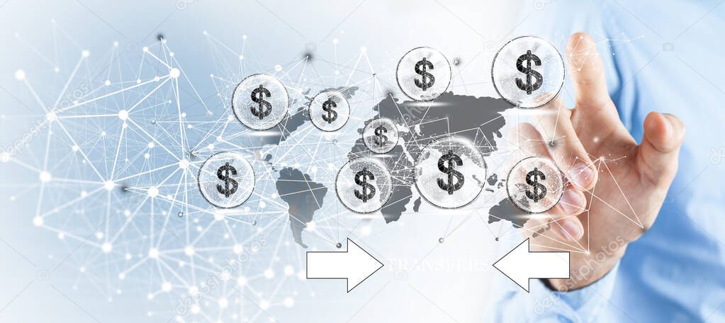 World map and digital money transfers concept