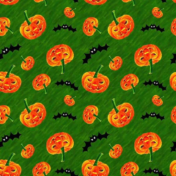 Happy Halloween. Seamless pattern of pumpkins. Green