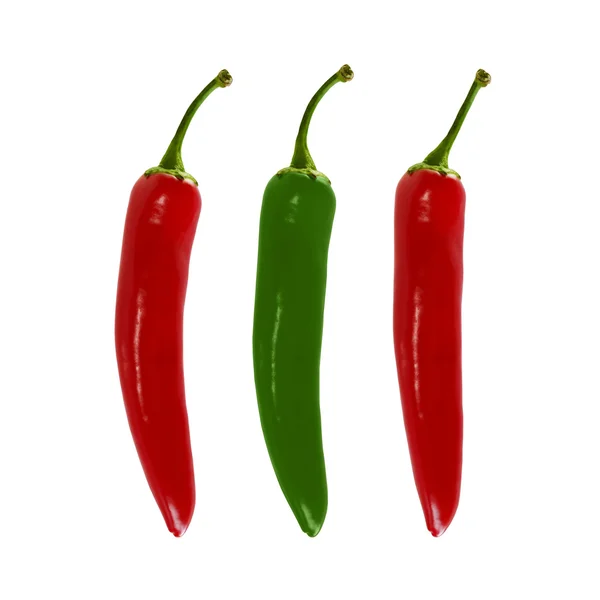 Piros és zöld chili paprika elszigetelt fehér alapon — Stock Fotó