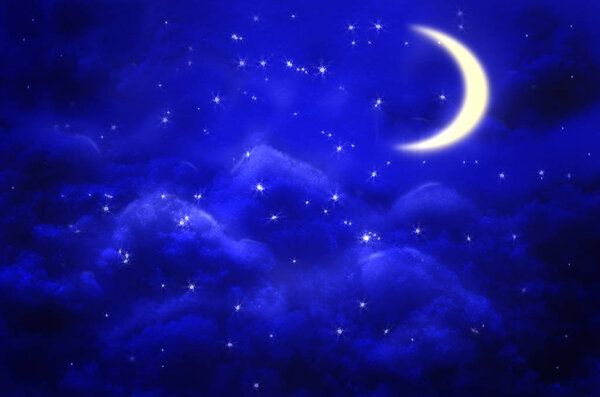 Mystical Night sky background with half moon, clouds and stars. Moonlight night.