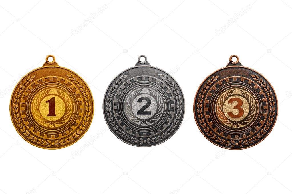 Medal awarding gold, silver, bronze isolated on white background