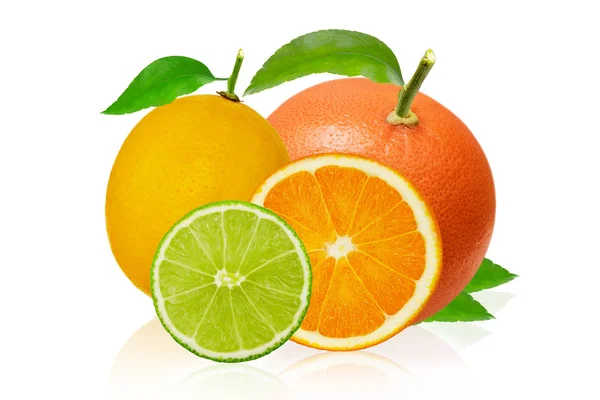 Snijd plakjes citroen, limoen en oranje, roze grapefruit geïsoleerd op witte achtergrond — Stockfoto