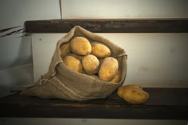 素朴な背景にバラップ袋にジャガイモを収穫 — ストック写真