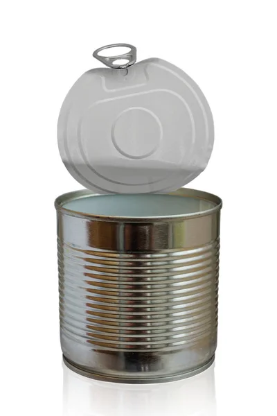 白で隔離される開いた空食品金属缶 — ストック写真