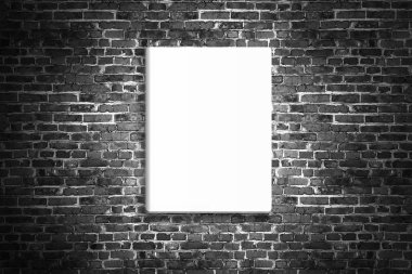 Alay kadar kırık boyalı tuğla, tuğla siyah duvara asılı boş poster