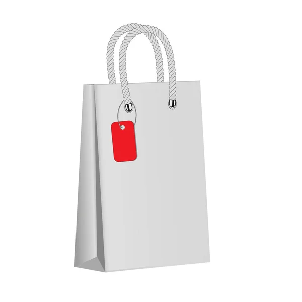 Weißpapier-Paket auf weißem Hintergrund. rotes Etikett. leere Papiertüte. Attrappe. 3d — Stockvektor