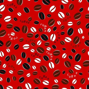 Kahve çekirdekleri. Kahve çekirdekleri kırmızı zemin üzerine Dikişsiz desen .