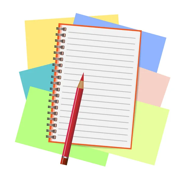 Bloc-notes ouvert rouge avec crayon et stylo en vue du dessus. Carnet de croquis ou journal. Illustration vectorielle — Image vectorielle