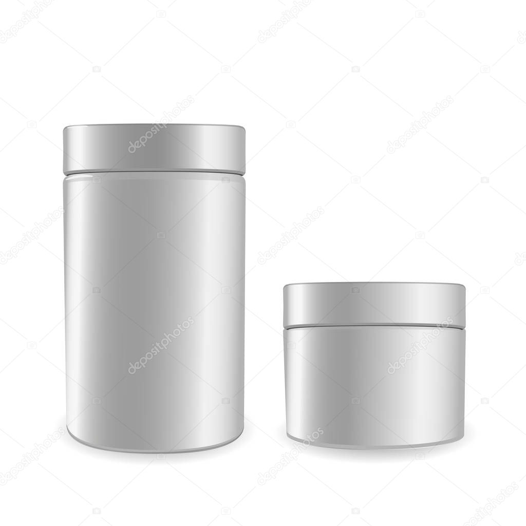 Jar mock-up on white background 3D rendering. Two white empty cans for your design, food, cream,food,coffee