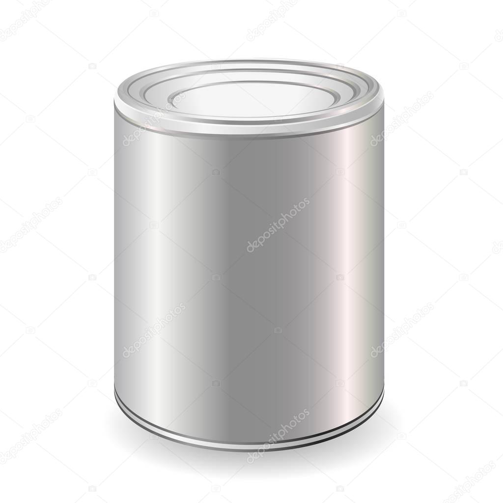 White Blank Tincan Metal Tin Can, Canned Food. Ready For Your Design. Product Packing Vector.Mock Up