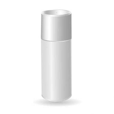 Boş ve temiz beyaz parlak metal sprey şişesinin kapaklı maketi. Markalaşma ve reklam için 3D plastik kap. Boş paket şeffaf arkaplanda izole edildi.