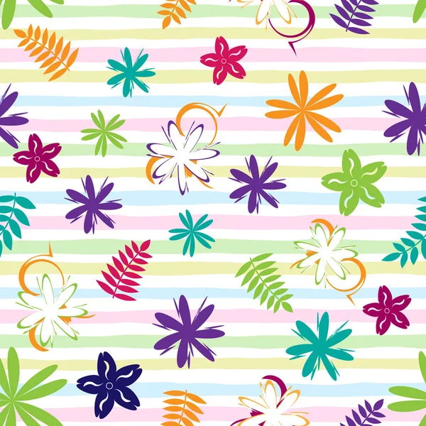 Blumiges helles Muster in kleinen farbigen Blüten auf gestreiftem Hintergrund. floraler nahtloser Hintergrund für Textilien, Bucheinbände, Fertigung, Druck — Stockvektor