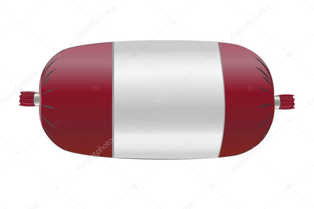 Sausage in the red box on white background. Vector illustration. Ready for your design. Mock-up