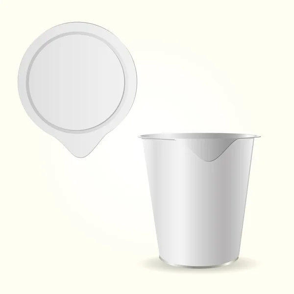 Finto pacchetto crema yogurt, gelato o panna acida. Mock up 3D di contenitore con coperchio isolato. Modello per il tuo design. Vista frontale e superiore . — Vettoriale Stock