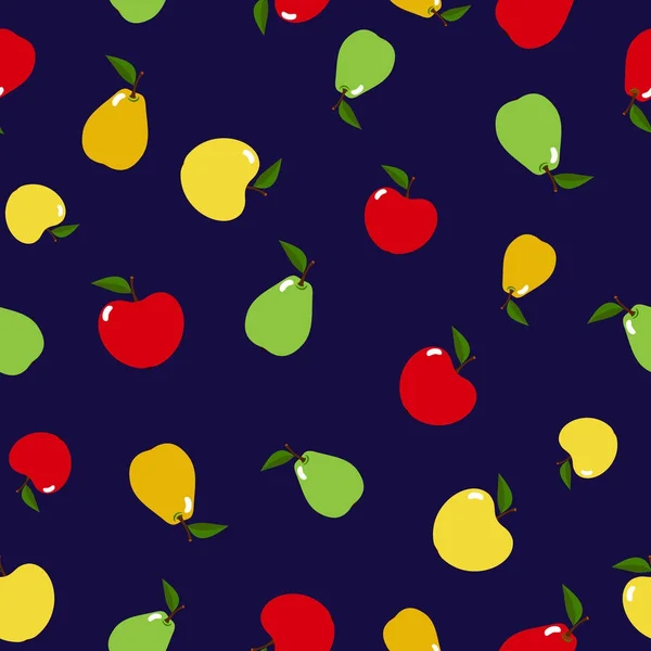 Seamless pattern apples and pears in flat style isolated on the blue background. — Stock Vector