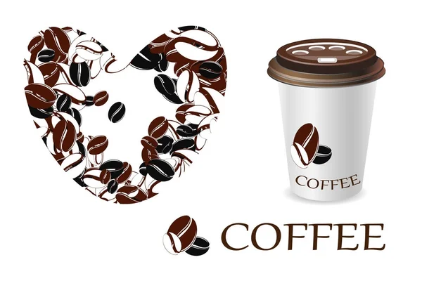 Сердце из кофейных зерен на белом фоне. Влюблена в кофе. Бумажная чашка кофе. banner — стоковый вектор