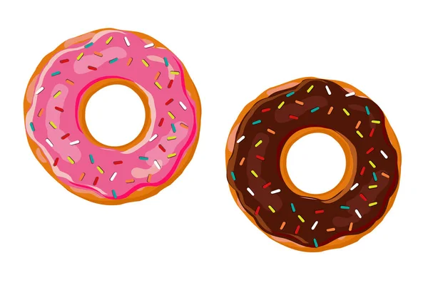Γλυκά ντόνατ. Δύο ντόνατ με ροζ και σοκολάτα γάνωμα απομονωθεί σε λευκό φόντο. Διάνυσμα — Διανυσματικό Αρχείο