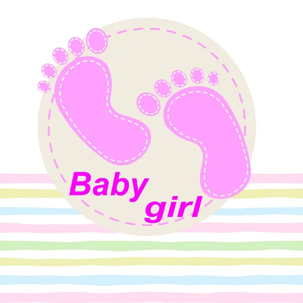 Nahtloses Muster mit Babyfußabdruck. Fußabdrücke von Mädchen auf gestreiftem Hintergrund. Vektorillustration — Stockvektor