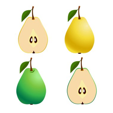 Taze armut, beyaz bir arka plan üzerinde tüm ve kesilmiş meyve. Vektör. Ayarla