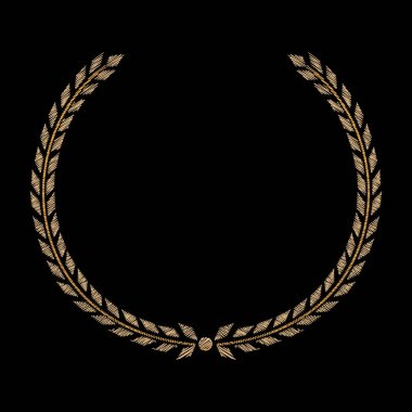 Vektör altın defne çelengi. Etiket kazanan, zafer, zafer ve siyah bir arka plan başarı sembolü. Nakış kumaş üzerine. Yuvarlak simge zafer. İzole. Vektör