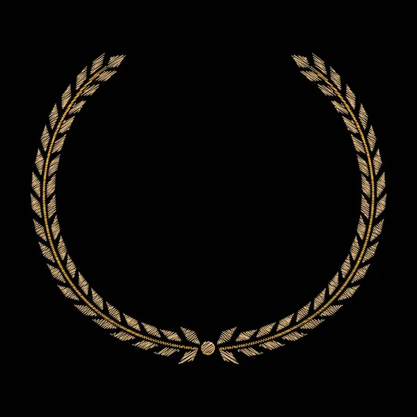 Couronne de laurier d'or vectorielle. Vainqueur de l'étiquette, symbole de victoire, de triomphe et de succès sur fond noir. Broderie sur tissu. Icône ronde victoire. Isolé. Vecteur — Image vectorielle