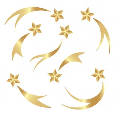 Altın yıldız vektör düşen ayarlayın. Shooting stars beyaz arka plan izole. Göktaşları ve kuyruklu yıldızlar simgeleri.